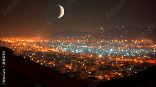 Night cityscape moonlit mountains