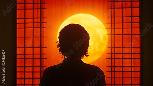 Silhouette woman gazing at fiery sun through Japanese screen