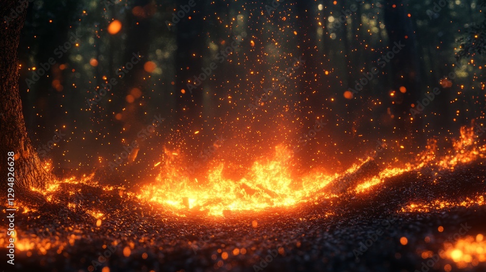 The warm flames and glowing embers of a campfire dance in stark contrast to the surrounding darkness of a forest. This tranquil setting evokes a sense of peace and adventure The warm flames and glowing embers of a campfire dance in stark contrast to the surrounding darkness of a forest. This tranquil setting evokes a sense of peace and adventure