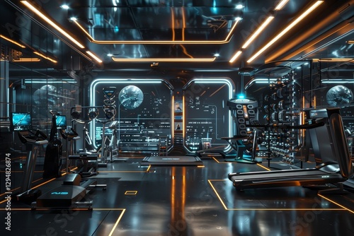 Futuristic Gym Interior With Sleek Metallic Equipment and Large Windows, A futuristic gym with sleek metallic equipment and virtual reality headsets for a high-tech workout experience photo