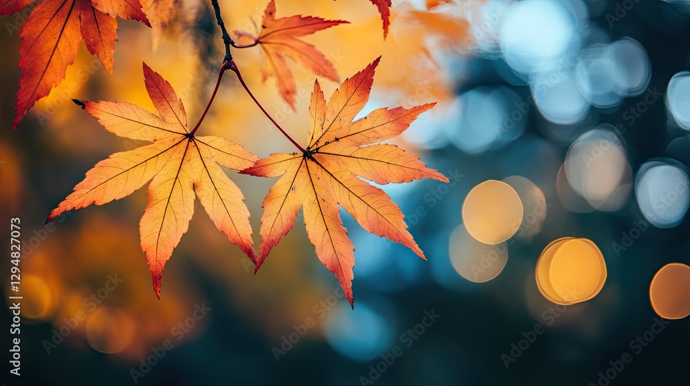 Red-orange maple tree leaves in an autumn forest. Red-orange maple tree leaves in an autumn forest.