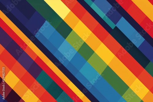 Digital art with vibrant geometric pattern, rainbow hues, diagonal stripes including topaz and teal, Generate a geometric pattern of overlapping rainbow stripes