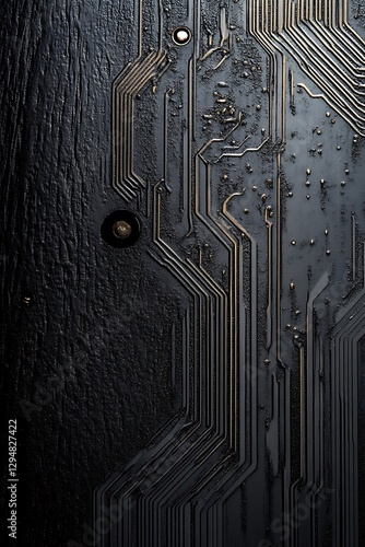 Electronic circuit board with a dark and wet surface, partially submerged in water, featuring an intricate pattern of metallic pathways and dark openings, with a backgrou
