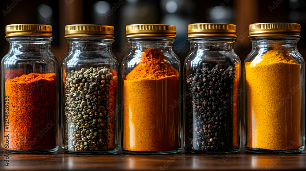 Spiced Jars on Wooden Shelf Spiced Jars on Wooden Shelf