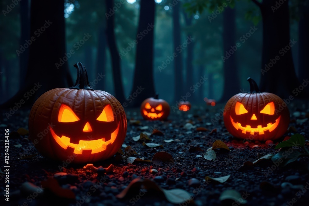 Shadows cast by jack-o-lanterns on the forest floor, spooky atmosphere, dark forest Shadows cast by jack-o-lanterns on the forest floor, spooky atmosphere, dark forest