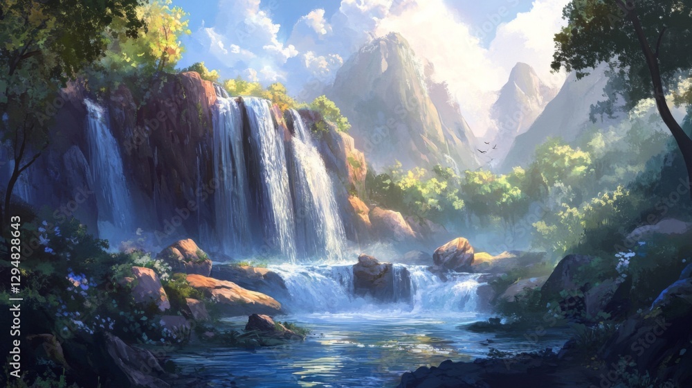 Serene Waterfall Landscape In Lush Forest Mountain Serene Waterfall Landscape In Lush Forest Mountain