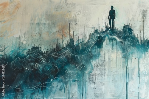 Abstract painting depicting a figure on a peak representing risk and reward in investing, Explore the concept of risk and reward in investing through art