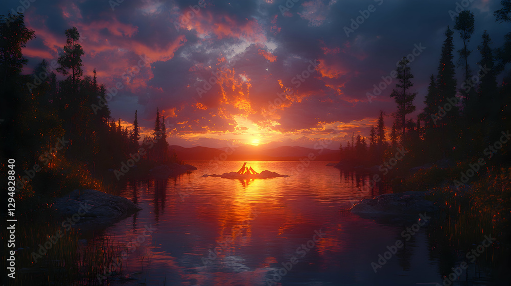 Fototapeta premium Sunset over a lake, forest, and islands