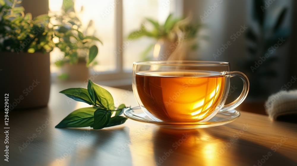 A transparent glass cup filled with steaming tea sits on a wooden table beside a fresh green leaf, with soft sunlight illuminating the scene A transparent glass cup filled with steaming tea sits on a wooden table beside a fresh green leaf, with soft sunlight illuminating the scene