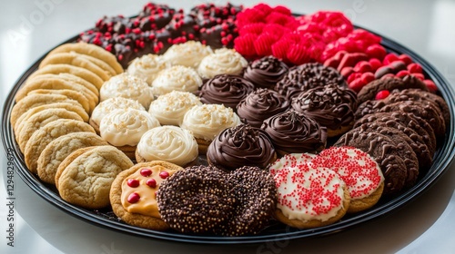 A colorful cookie tray showcases beautifully decorated cookies, perfect for holiday gatherings. Various shapes and flavors create a festive atmosphere filled with joy and celebration