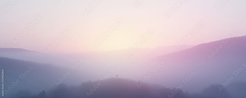 Fototapeta premium Soft pastel rainbow gradient ascends through a misty landscape, calming, nature, serene
