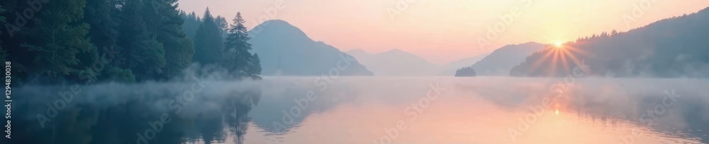 Fototapeta premium Softly glowing mist floats on a serene lake surface, misty, calm, peaceful