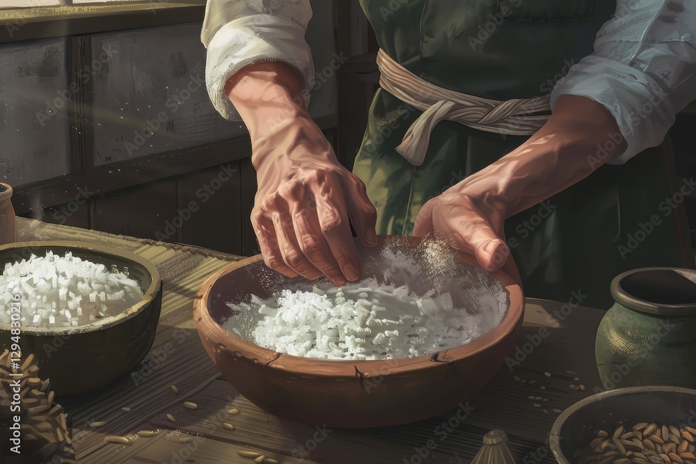 Fototapeta premium A persons hands carefully shape uncooked rice in a wooden bowl, creating a sense of tactile realism, Creating a sense of tactile realism through the use of grain texture in an illustration