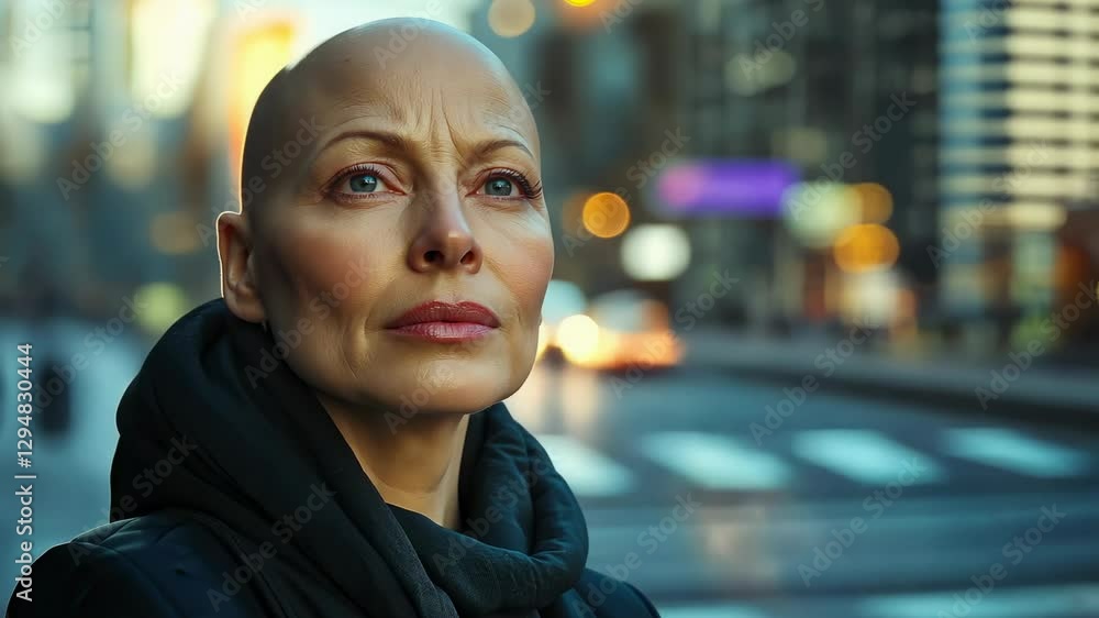 Bald woman navigates loneliness and confusion in a bustling city setting at twilight Bald woman navigates loneliness and confusion in a bustling city setting at twilight