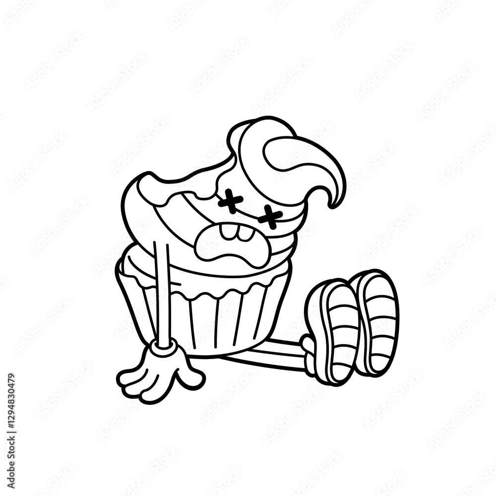 Burned-out cupcake – humorous black-and-white illustration. Line dark. Cartoon sticker in comic style with contour. Modern flat style vector illustration clipart. Burned-out cupcake – humorous black-and-white illustration. Line dark. Cartoon sticker in comic style with contour. Modern flat style vector illustration clipart.