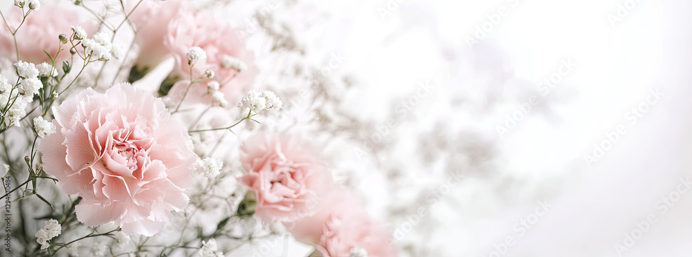 A soft arrangement of pink carnations and delicate white filler flowers, creating a serene atmosphere. A soft arrangement of pink carnations and delicate white filler flowers, creating a serene atmosphere.