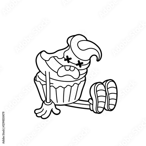 Burned-out cupcake – humorous black-and-white illustration. Line dark. Cartoon sticker in comic style with contour. Modern flat style vector illustration clipart.