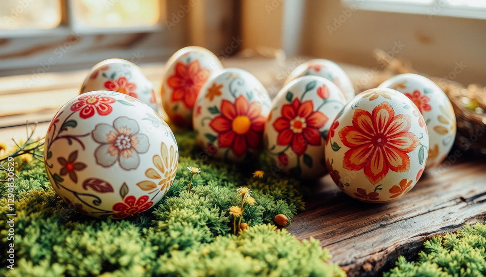 Fototapeta premium A close-up of traditional Easter eggs decorated with delicate floral patterns, surrounded by moss and wildflowers.