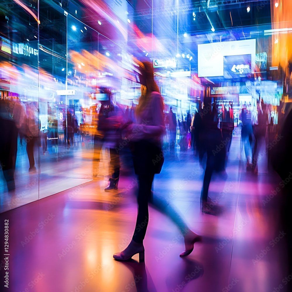 Dynamic motion blur of visitors in exhibition hall image Dynamic motion blur of visitors in exhibition hall image