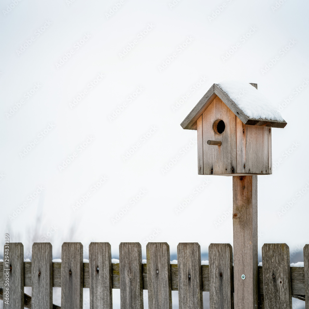 Snow-covered birdhouse beside wooden fence in tranquil winter setting Snow-covered birdhouse beside wooden fence in tranquil winter setting