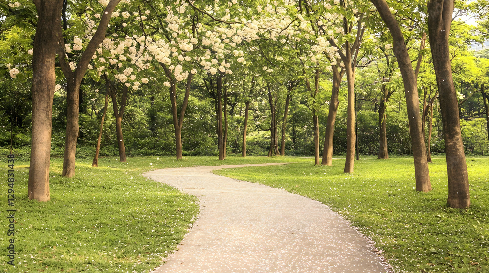 Winding path through blossoming park Winding path through blossoming park