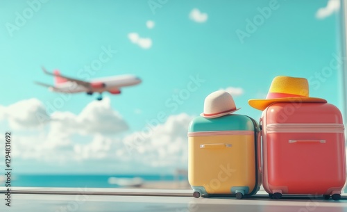 Suitcases, hats, airport, plane, departure, vacation, travel, summer, journey, holiday