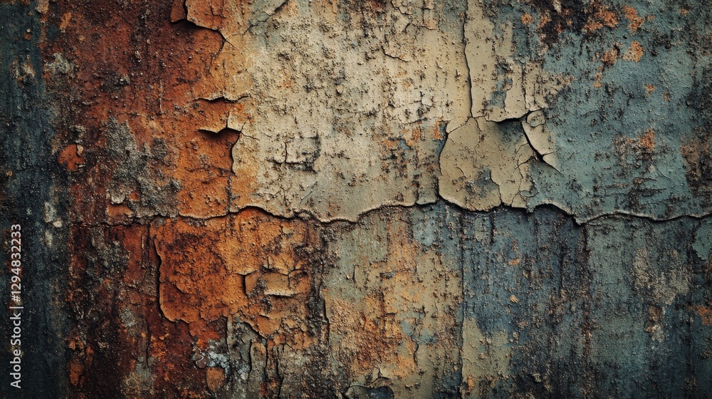Fototapeta premium Rustic wall with peeling blue and orange paint texture