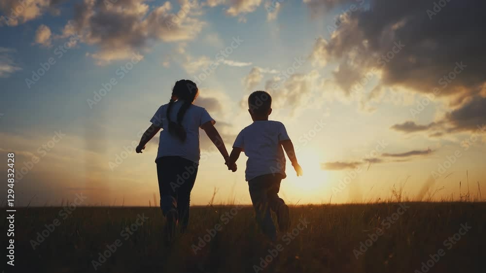 Silhouette of children running in the park. happy family kid dream concept. Children running together in nature. Silhouette of children running together in the lifestyle park in nature. Silhouette of children running in the park. happy family kid dream concept. Children running together in nature. Silhouette of children running together in the lifestyle park in nature.
