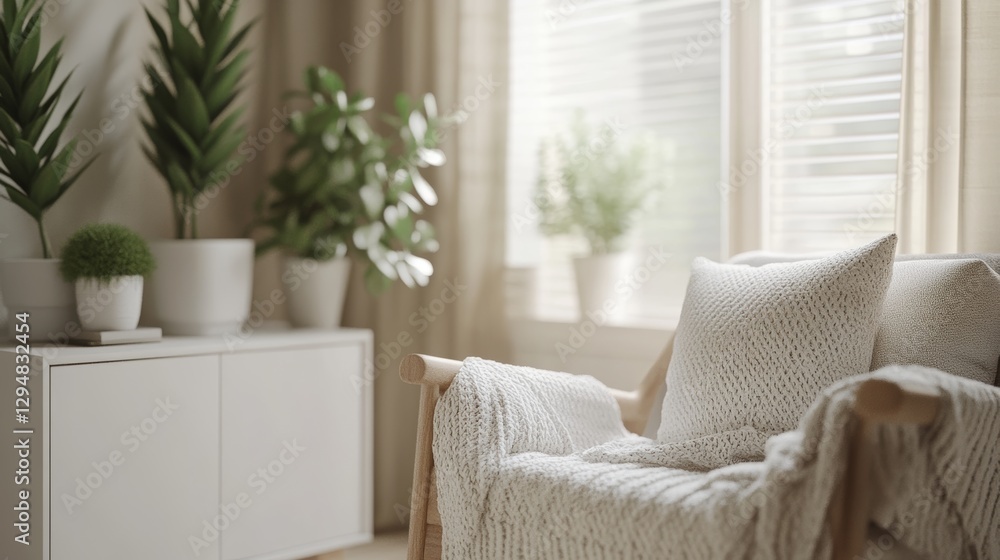 Fototapeta premium Cozy minimalist living room with knitted blanket and green indoor plants.
