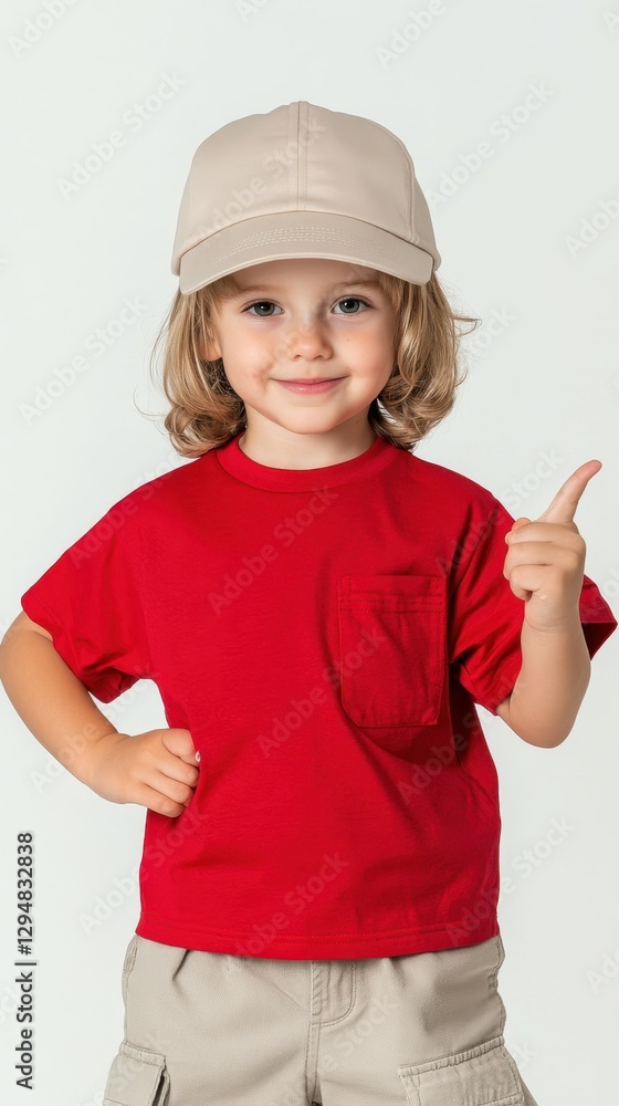 A cheerful young child with curly hair wears a bright red t-shirt and a beige cap. The child stands with one hand on the hip and gives a thumbs-up, showcasing excitement and confidence A cheerful young child with curly hair wears a bright red t-shirt and a beige cap. The child stands with one hand on the hip and gives a thumbs-up, showcasing excitement and confidence
