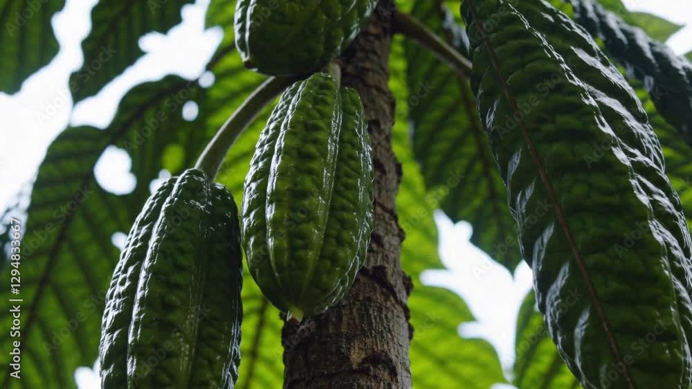 Bright green cacao pods growing on the tree trunk, surrounded by large glossy leaves, highlighting their natural ridges and unripe stage.
Bright green cacao pods growing on the tree trunk, surrounded by large glossy leaves, highlighting their natural ridges and unripe stage.