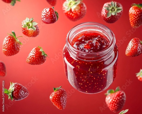 Wallpaper Mural Strawberry jam filled glass jar amid floating ripe strawberries against vivid red backdrop, highlighting fresh preserving artistry Torontodigital.ca