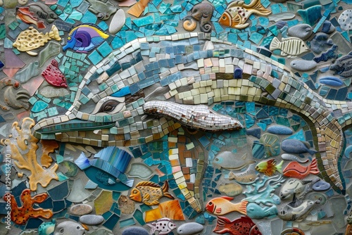 A mosaic dolphin surrounded by other sea creatures, all made from colorful ceramic tiles, A mosaic mosaic of a dolphin composed of various ocean textures and shapes