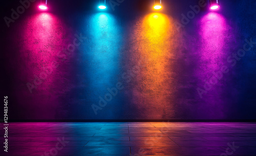 Wallpaper Mural Colorful lights illuminate a dark wall. Bright, colorful lights shine on a textured wall in a dimly lit room, creating a vibrant atmosphere. Torontodigital.ca