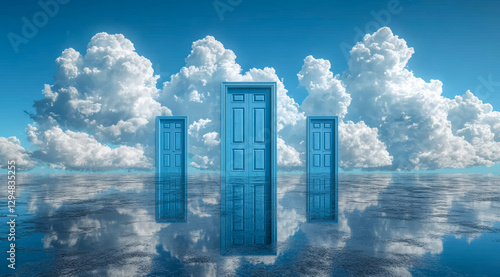 Three blue doors under a vivid sky. Three blue doors stand in a reflective landscape beneath a bright sky with fluffy clouds, evoking mystery and curiosity.