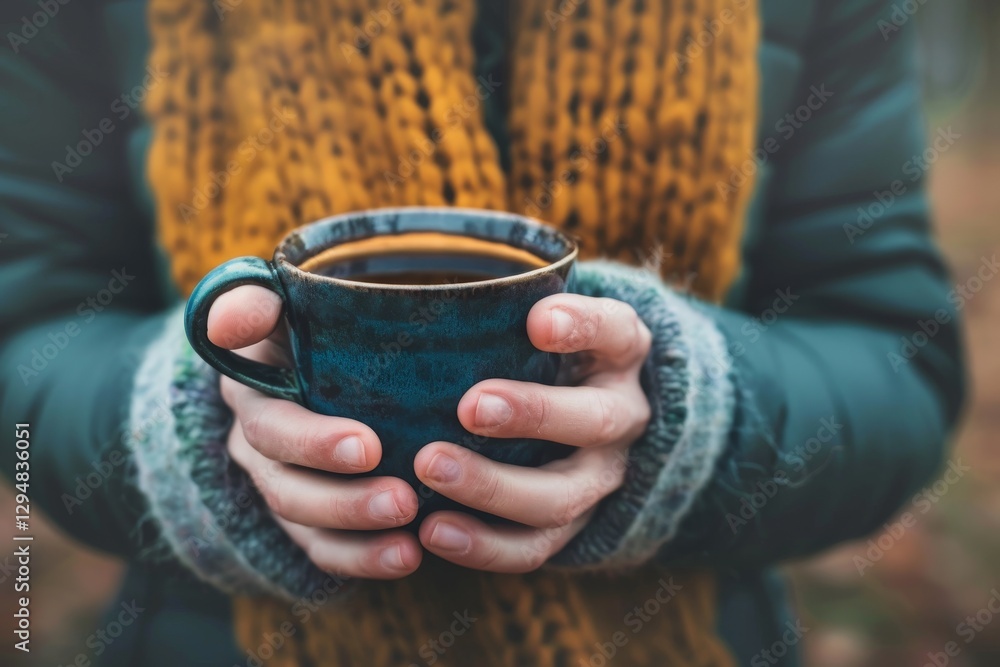 Close-up of a persons hands holding a blue coffee cup in the cold, Person holding a coffee cup Close-up of a persons hands holding a blue coffee cup in the cold, Person holding a coffee cup