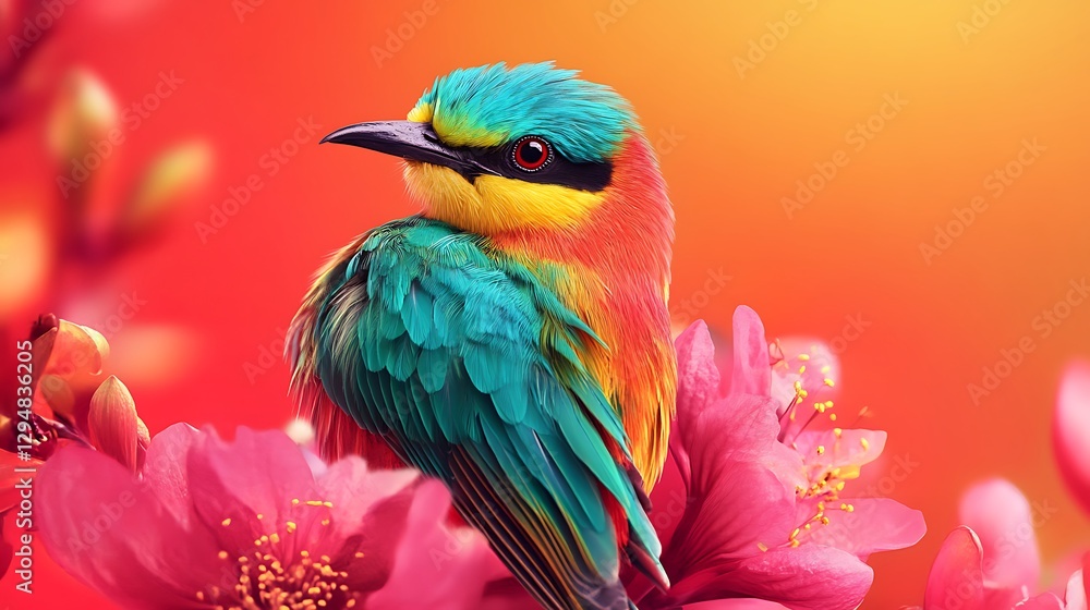 Obraz premium Exotic birds showcasing vivid hues on red background image