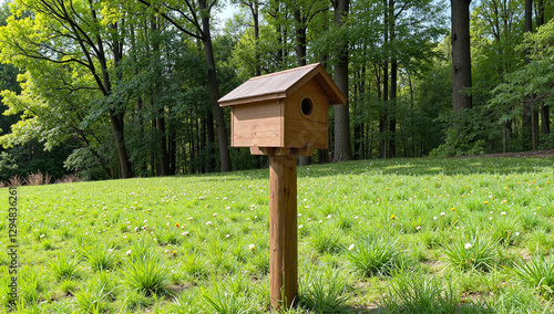 Rustic wooden birdhouse standing in lush spring meadow, nature's charm