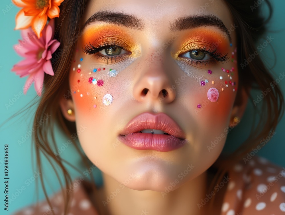 Obraz premium Beautiful model posing with creative candy makeup and flowers in hair