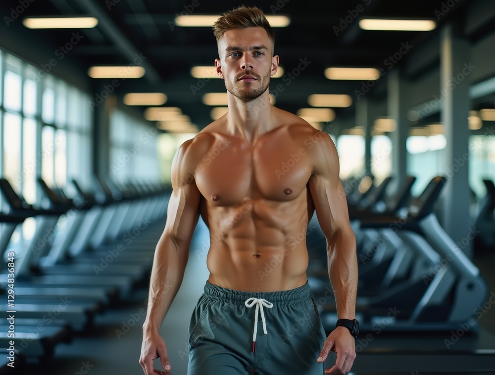 Shirtless sportsman showing his perfect abs in a gym Shirtless sportsman showing his perfect abs in a gym