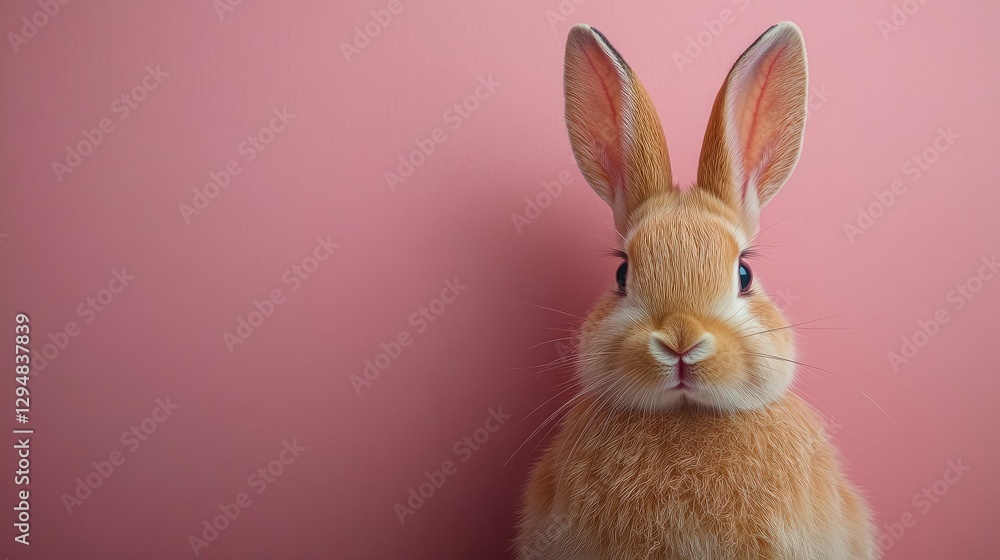 Fototapeta premium Photo of a little bunny, on a soft pink background Easter theme