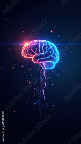 Artificial general intelligence represented by a colorful brain against a galaxy background with cosmic energy emanating from its top.
