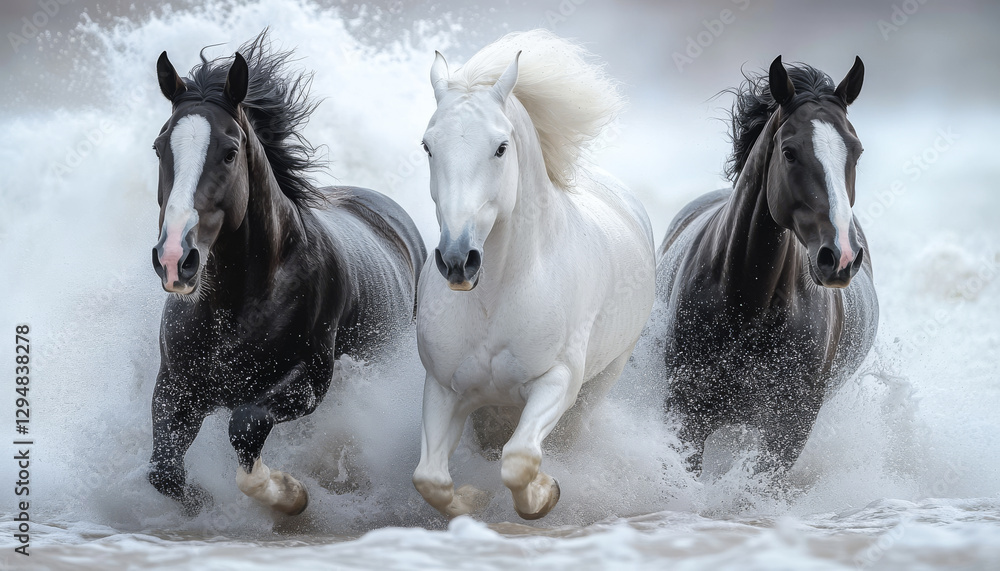 Obraz premium Three horses run through ocean waves. Three horses gallop through crashing ocean waves, creating a powerful display of strength and beauty at the shoreline.