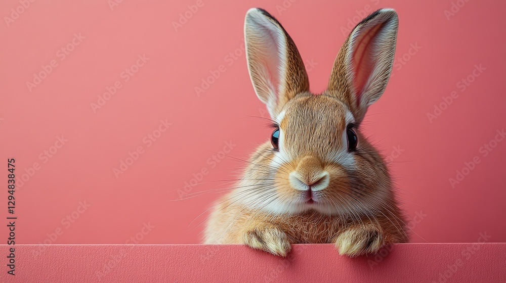 Fototapeta premium Photo of a little bunny, on a soft pink background Easter theme