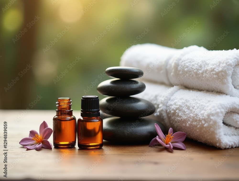 Essential oils, massage stones and soft white towels creating relaxing spa scene Essential oils, massage stones and soft white towels creating relaxing spa scene