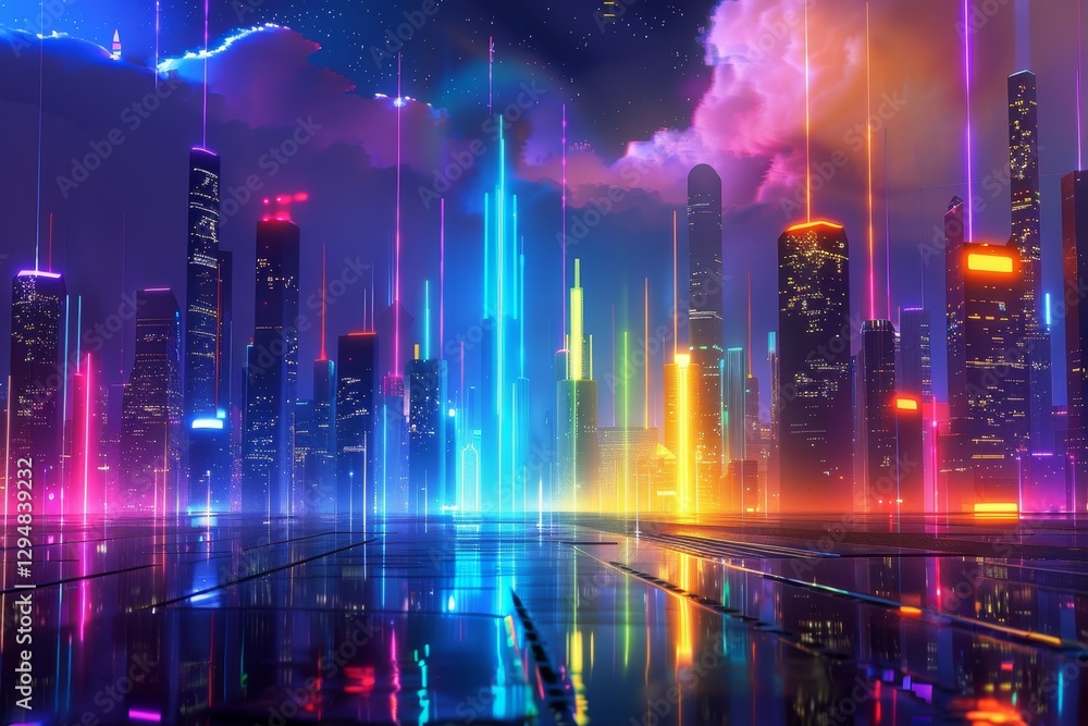 Fototapeta premium A futuristic cityscape with tall buildings bathed in vibrant neon rainbow lights, Develop a futuristic cityscape with neon rainbow lights illuminating the skyline