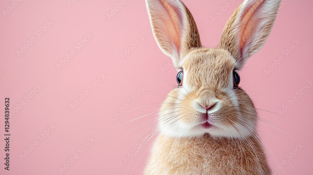 Fototapeta premium Photo of a little bunny, on a soft pink background Easter theme