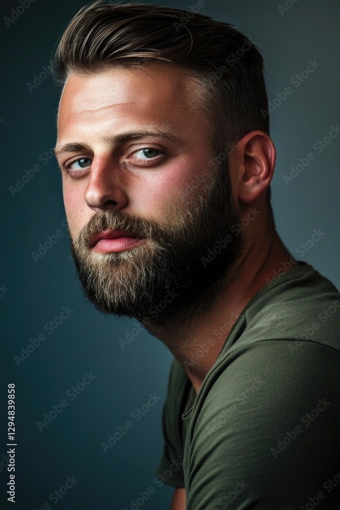 Fototapeta premium Young caucasian male with beard and stylish hair in thoughtful pose