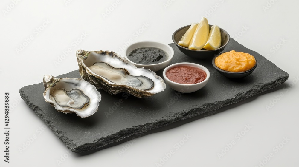 Fresh Oysters on Slate Plate with Dipping Sauces Fresh Oysters on Slate Plate with Dipping Sauces