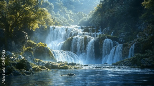 Serene Waterfall in Lush Green Forest
